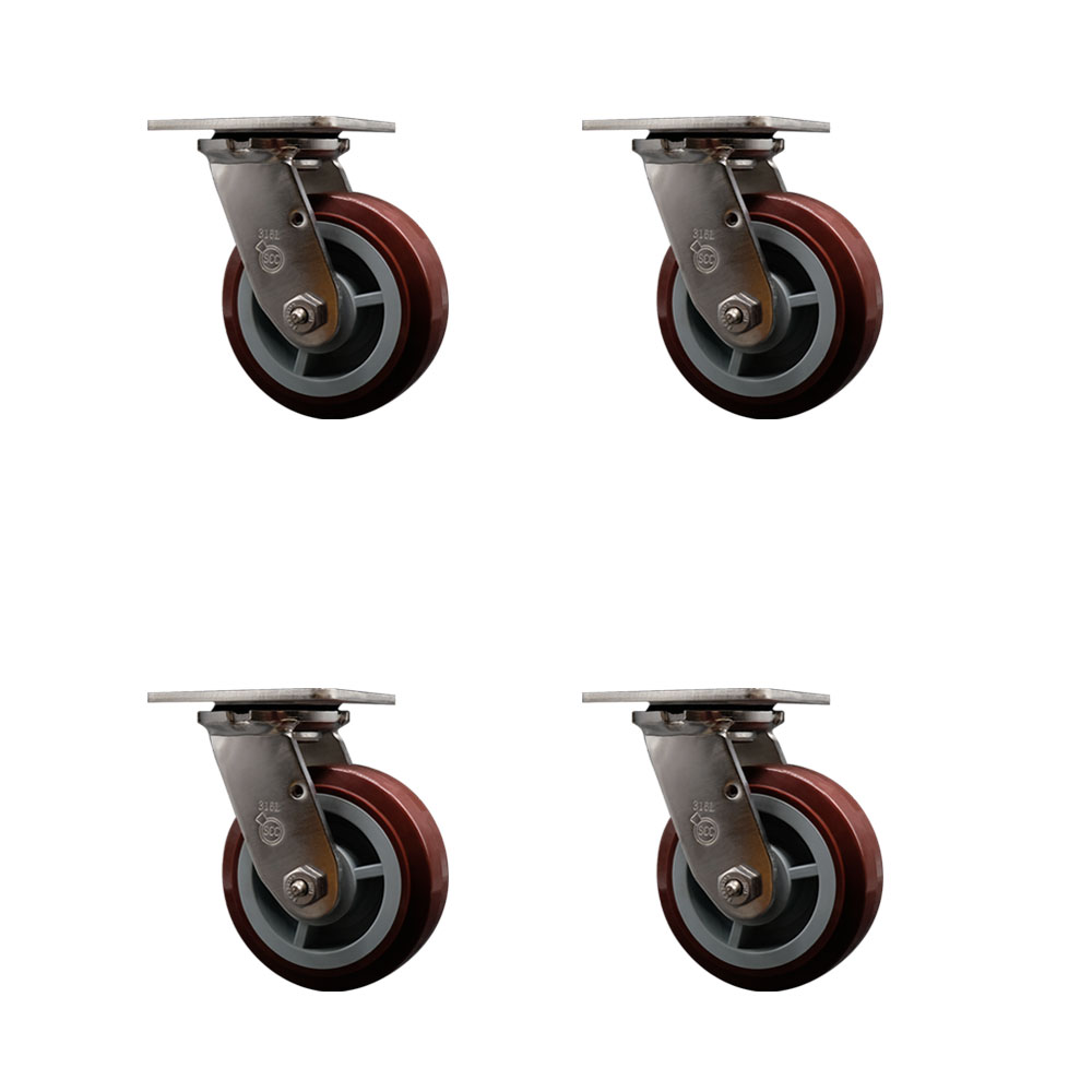 316 Stainless Steel Heavy Duty Swivel Caster Set of 4 with 5 Inch Polyurethane Wheels and Delrin Bearings - Includes 4 Swivel - 3,000 lbs. Total Capacity - Service Caster Brand — photo 1