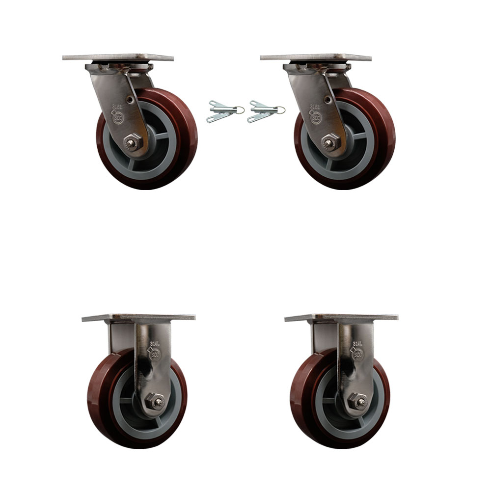 316 Stainless Steel Heavy Duty Swivel Caster Set of 4 with 5 Inch Polyurethane Wheels and Ball Bearings - Includes 2 Swivel with Bolt on Swivel Locks and 2 Rigid - Service Caster Brand — photo 1