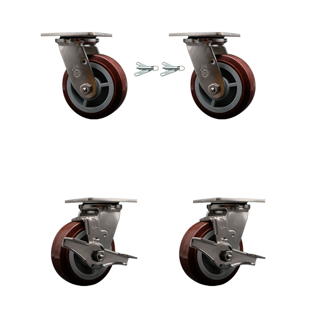 316 Stainless Steel Heavy Duty Swivel Caster Set with 5 Inch Polyurethane Wheels and Ball Bearings - Includes 2 Swivel with Bolt on Swivel Locks and 2 Swivel with Brakes - Service Caster Brand — photo 1