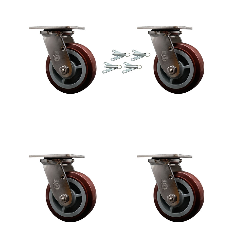 316 Stainless Steel Heavy Duty Swivel Caster Set of 4 with 5 Inch Polyurethane Wheels and Delrin Bearings - Includes 4 Swivel with Bolt on Swivel Locks-3,000 lbs. Total Capacity - Service Caster Brand — photo 1