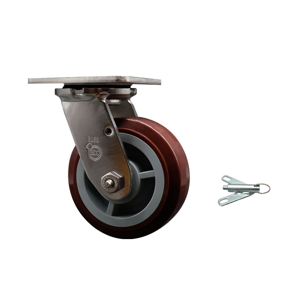316 Stainless Steel Heavy Duty Swivel Top Plate Caster with Bolt on Swivel Lock and 5 Inch Polyurethane Wheel with Ball Bearings - 750 lbs. Capacity/Caster - Service Caster Brand — photo 1