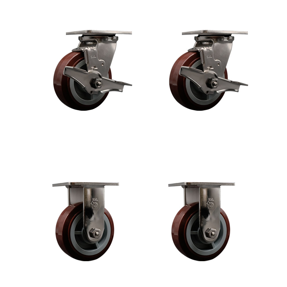 316 Stainless Steel Heavy Duty Swivel Caster Set of 4 with 5 Inch Polyurethane Wheels and Delrin Bearings - Includes 2 Swivel with Brakes and 2 Rigid - 3,000 lbs. Total Capacity - Service Caster Brand — photo 1