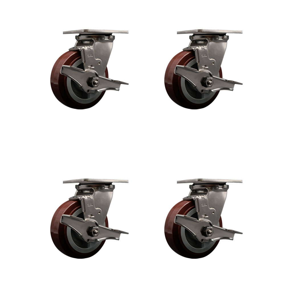 316 Stainless Steel Heavy Duty Swivel Caster Set of 4 with 5 Inch Polyurethane Wheels and Delrin Bearings - Includes 4 Swivel with Top Lock Brakes - 3,000 lbs. Total Capacity - Service Caster Brand — photo 1