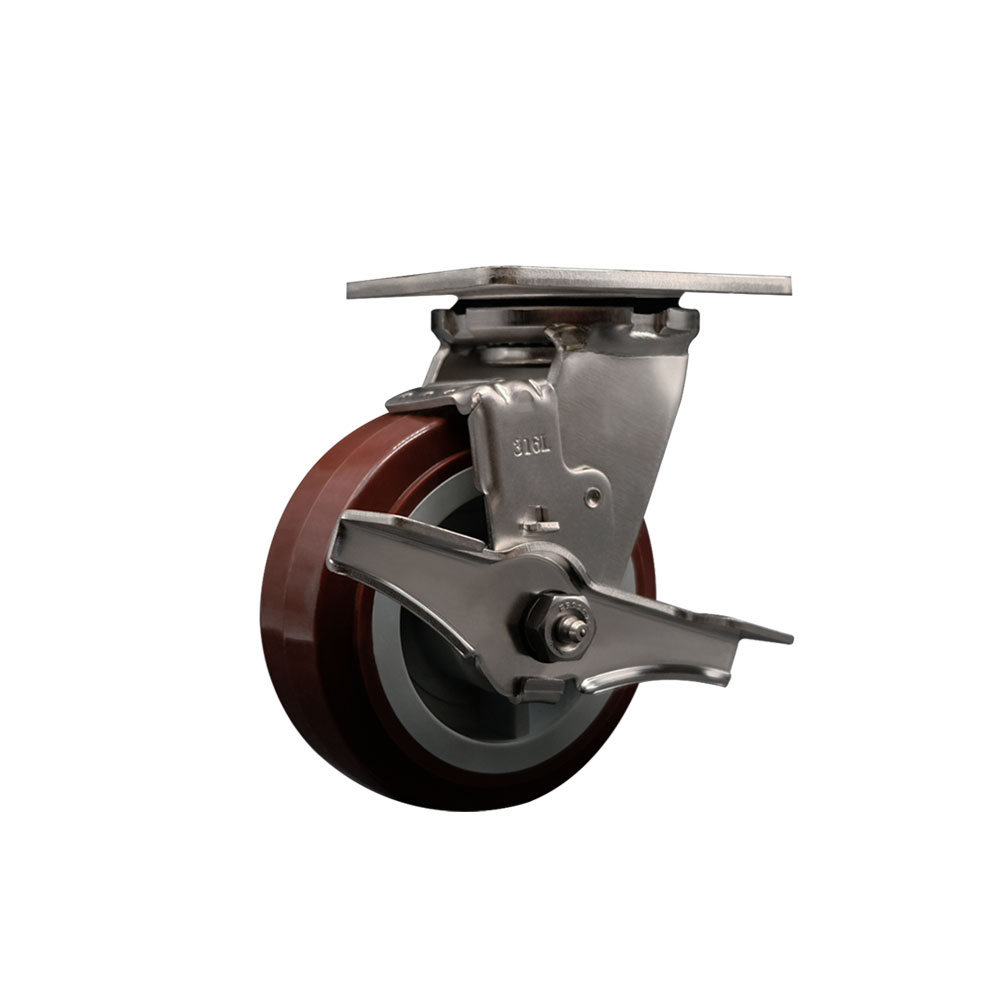 316 Stainless Steel Heavy Duty Swivel Top Plate Caster with Top Lock Brake and 5 Inch Polyurethane Wheel with Delrin Bearings - 750 lbs. Capacity/Caster - Service Caster Brand — photo 1