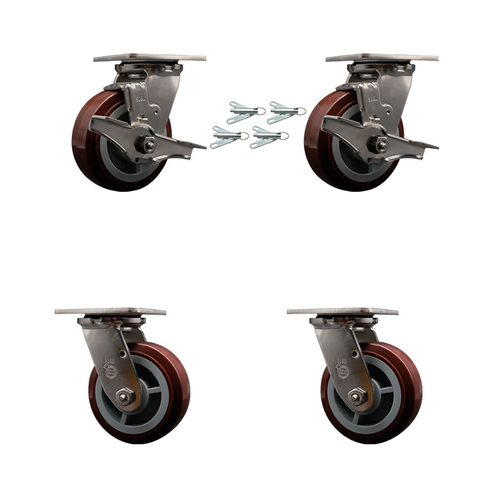316 Stainless Heavy Duty Swivel Caster Set with 5 Inch Polyurethane Wheels and Ball Bearings - Include 2 Swivel w/Brakes and Bolt on Swivel Lock and 2 Swivel w/Bolt on Swivel Lock-Service Caster Brand — photo 1