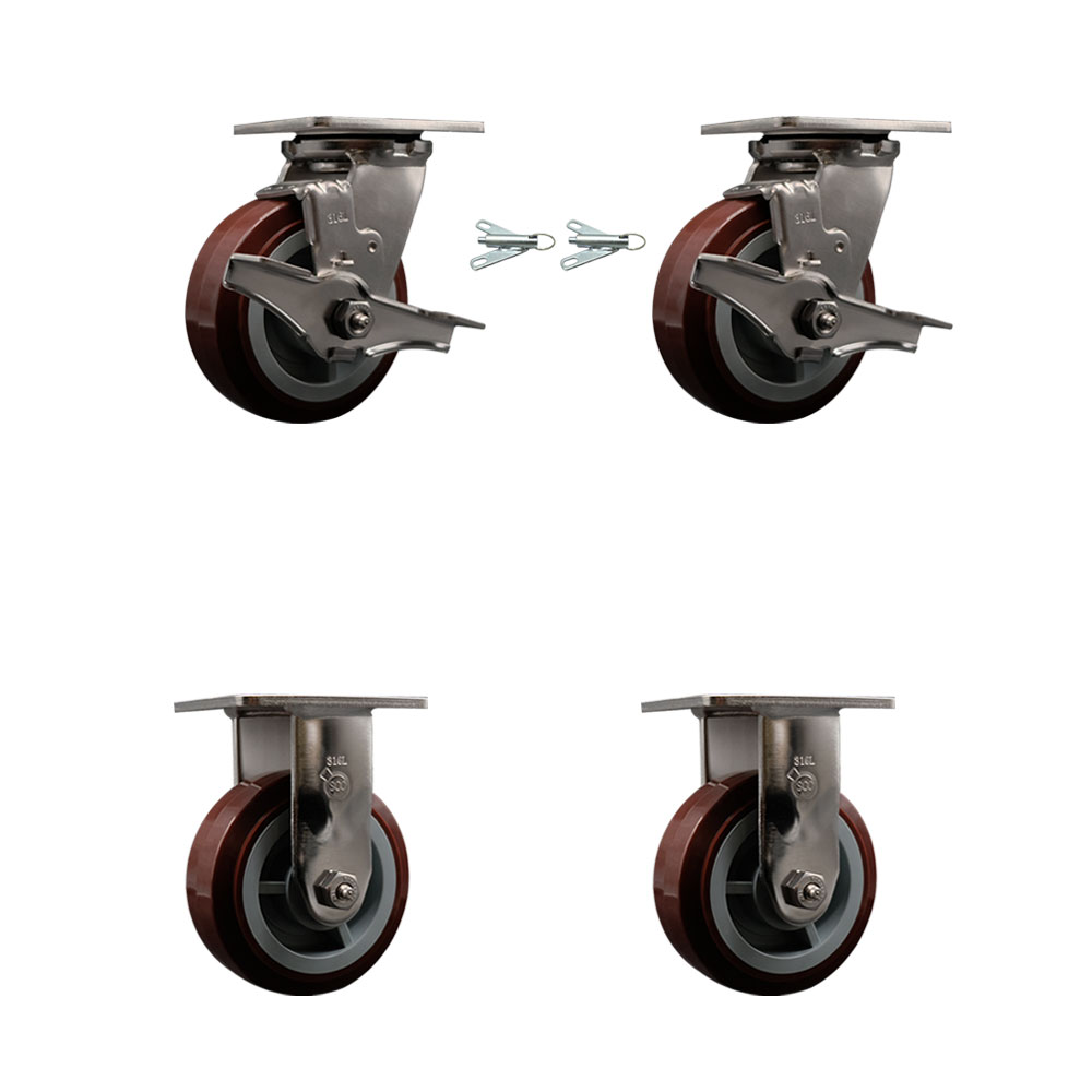 316 Stainless Steel Heavy Duty Swivel Caster Set with 5 Inch Polyurethane Wheels - Includes 2 Swivel with Brakes and Bolt on Swivel Locks and 2 Rigid - 3,000 lbs. Total Capacity - Service Caster Brand — photo 1
