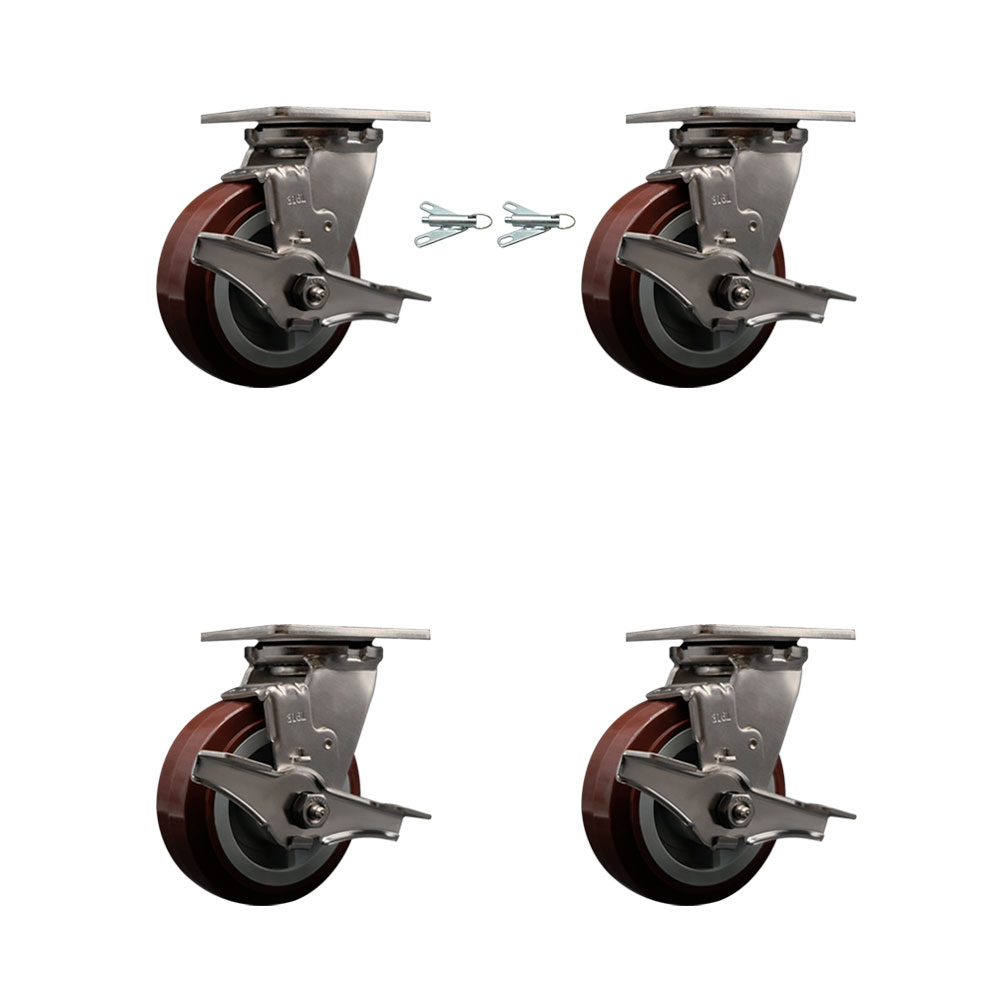 316 Stainless Steel Heavy Duty Swivel Caster Set with 5 Inch Polyurethane Wheels and Delrin Bearings - Includes 2 Swivel w/Brakes and Bolt on Swivel Locks and 2 Swivel w/Brakes - Service Caster Brand — photo 1