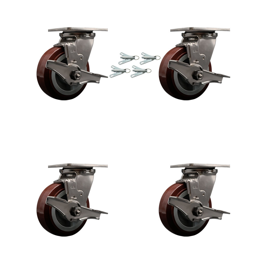 316 Stainless Steel Heavy Duty Swivel Caster Set of 4 with 5 Inch Polyurethane Wheels and Delrin Bearings - Includes 4 Swivel with Top Lock Brakes and Bolt on Swivel Locks - Service Caster Brand — photo 1