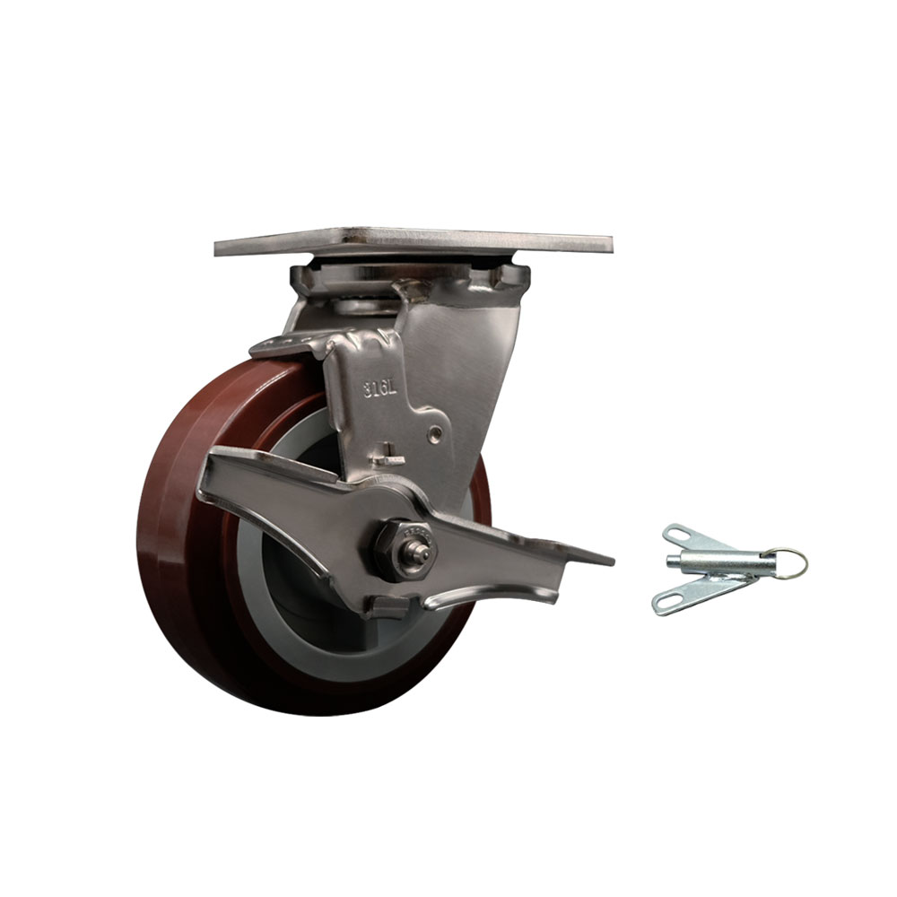 316 Stainless Steel Heavy Duty Swivel Top Plate Caster with Top Lock Brake and Bolt on Swivel Lock and 5 Inch Polyurethane Wheel - 750 lbs. Capacity/Caster - Service Caster Brand — photo 1