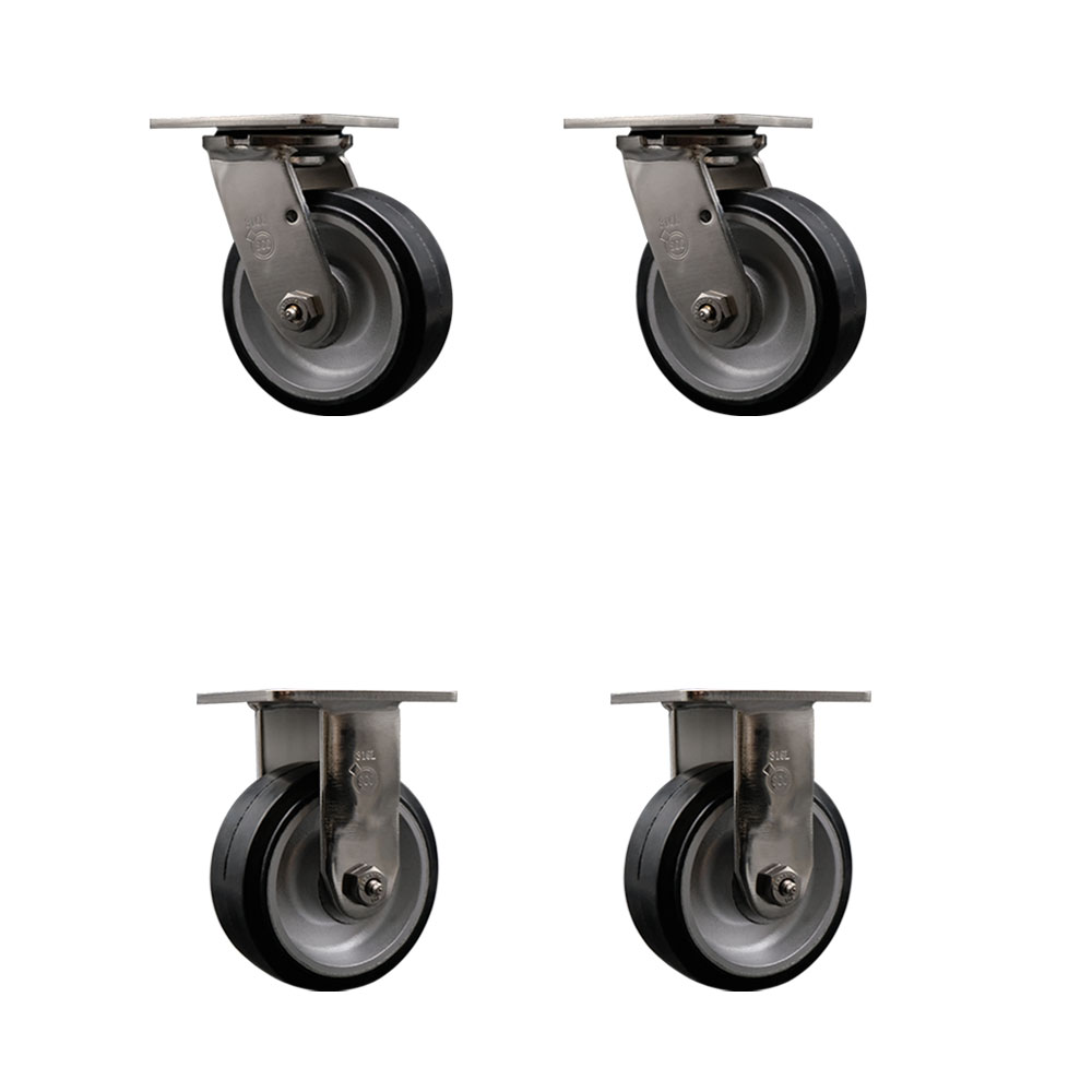 316 Stainless Steel Heavy Duty Swivel Caster Set of 4 with 5 Inch Rubber on Aluminum Wheels and Delrin Bearings - Includes 2 Swivel and 2 Rigid - 2,000 lbs. Total Capacity - Service Caster Brand — photo 1