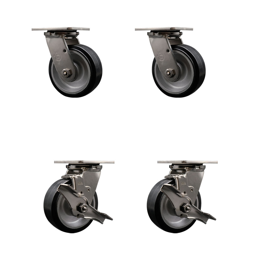 316 Stainless Steel Heavy Duty Swivel Caster Set of 4 with 5 Inch Rubber on Aluminum Wheels and Ball Bearings - Includes 2 Swivel with Brakes and 2 Swivel - Service Caster Brand — photo 1