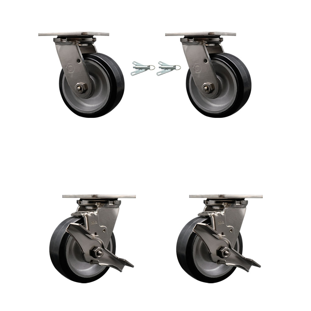 316 Stainless Steel Heavy Duty Swivel Caster Set with 5 Inch Rubber on Aluminum Wheels-Includes 2 Swivel with Bolt on Swivel Lock and 2 Swivel with Brake-2,000 lbs. Total Capacity-Service Caster Brand — photo 1