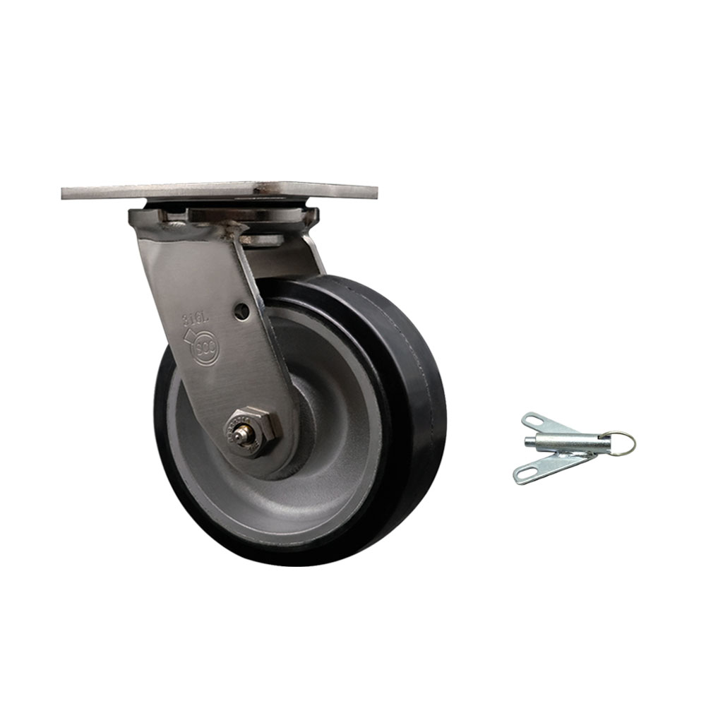 316 Stainless Steel Heavy Duty Swivel Top Plate Caster with Bolt on Swivel Lock and 5 Inch Rubber on Aluminum Wheel with Delrin Bearings - 500 lbs. Capacity/Caster - Service Caster Brand — photo 1