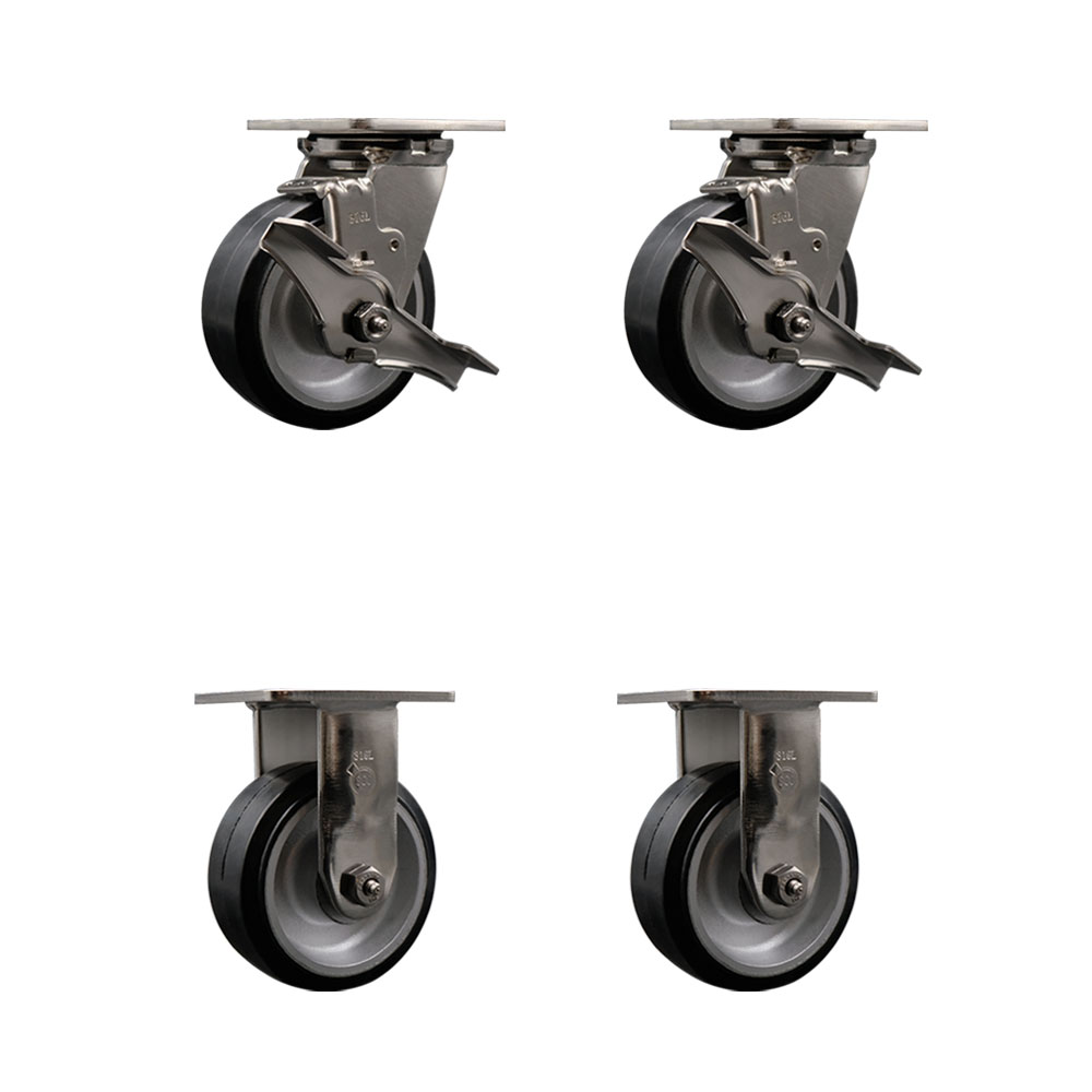 316 Stainless Steel Heavy Duty Swivel Caster Set of 4 with 5 Inch Rubber on Aluminum Wheels and Ball Bearings - Includes 2 Swivel with Brakes and 2 Rigid - Service Caster Brand — photo 1