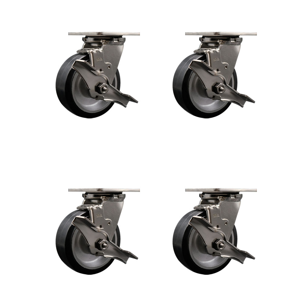 316 Stainless Steel Heavy Duty Swivel Caster Set of 4 with 5 Inch Rubber on Aluminum Wheels and Delrin Bearings - Includes 4 Swivel with Top Lock Brakes -2,000 lbs. Total Capacity-Service Caster Brand — photo 1