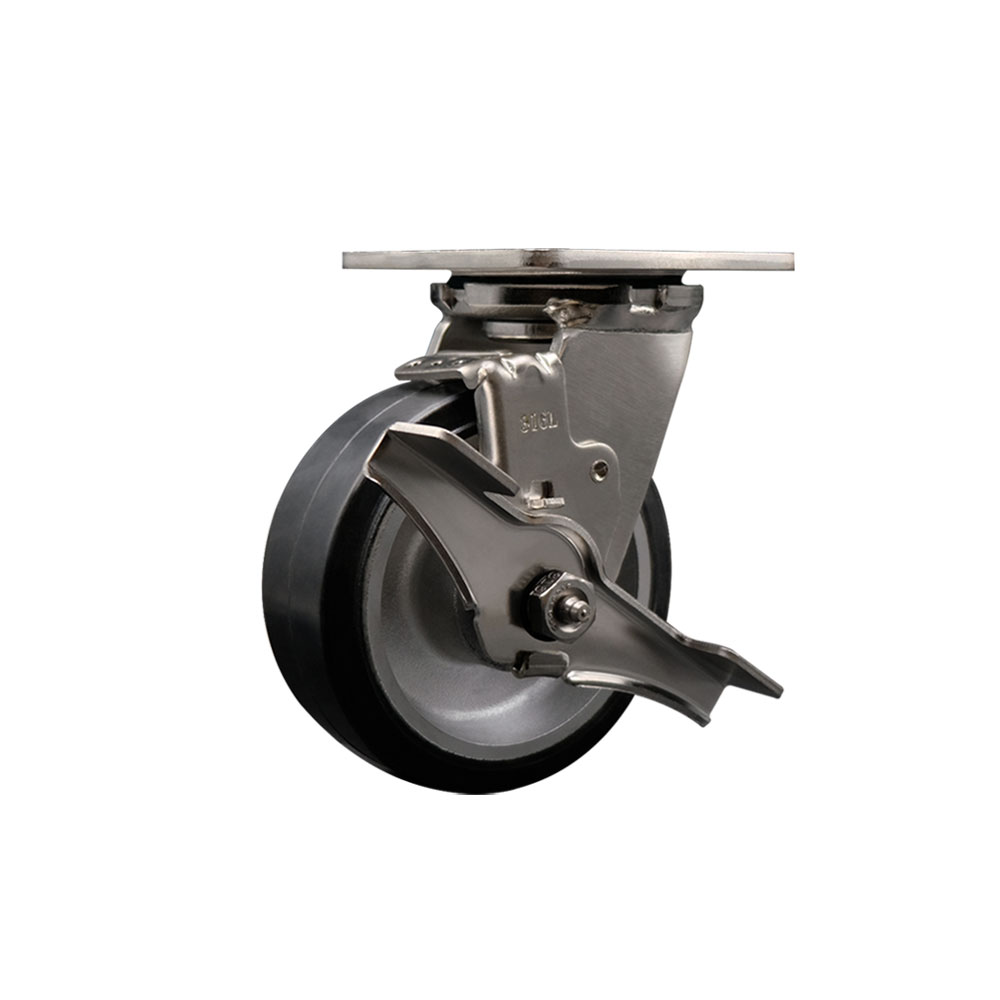 316 Stainless Steel Heavy Duty Swivel Top Plate Caster with Top Lock Brake and 5 Inch Rubber on Aluminum Wheel with Delrin Bearings - 500 lbs. Capacity/Caster - Service Caster Brand — photo 1
