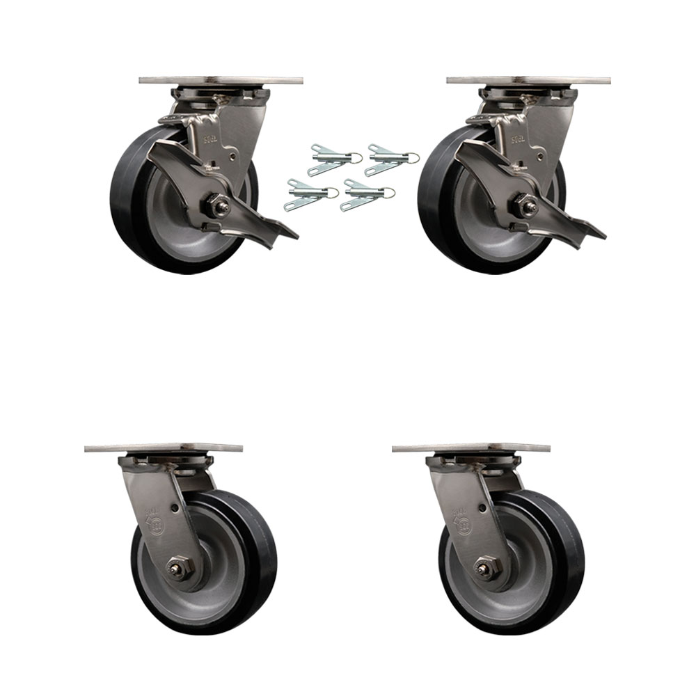 316 Stainless Heavy Duty Swivel Caster Set with 5 Inch Rubber on Aluminum Wheels and Delrin Bearing-Include 2 Swivel w/Brake&Bolt on Swivel Lock and 2 Swivel w/Bolt on Swivel Lock-Service Caster Brand — photo 1