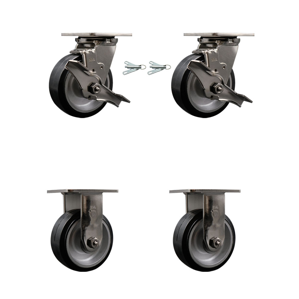 316 Stainless Steel Heavy Duty Swivel Caster Set with 5 Inch Rubber on Aluminum Wheels-Includes 2 Swivel with Brakes and Bolt on Swivel Locks and 2 Rigid-2,000 lbs. Total Capacity-Service Caster Brand — photo 1