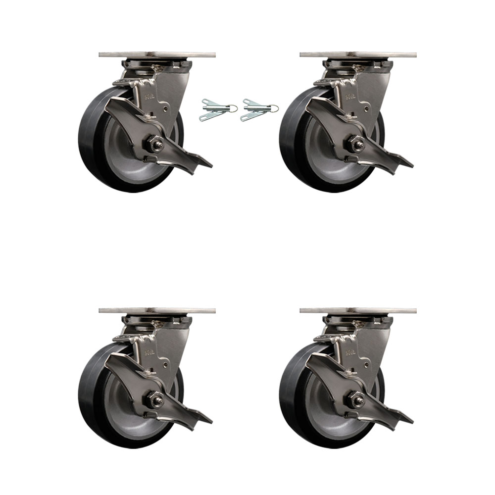 316 Stainless Steel Heavy Duty Swivel Caster Set with 5 Inch Rubber on Aluminum Wheels and Delrin Bearing - Includes 2 Swivel w/Brake and Bolt on Swivel Lock and 2 Swivel w/Brakes-Service Caster Brand — photo 1