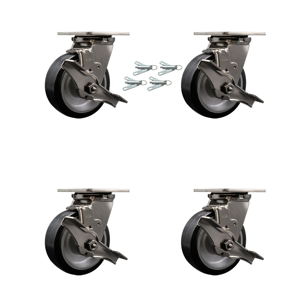 316 Stainless Steel Heavy Duty Swivel Caster Set of 4 with 5 Inch Rubber on Aluminum Wheels-Includes 4 Swivel with Top Lock Brake and Bolt on Swivel Lock-2,000 lbs. Total Capacity-Service Caster Brand — photo 1