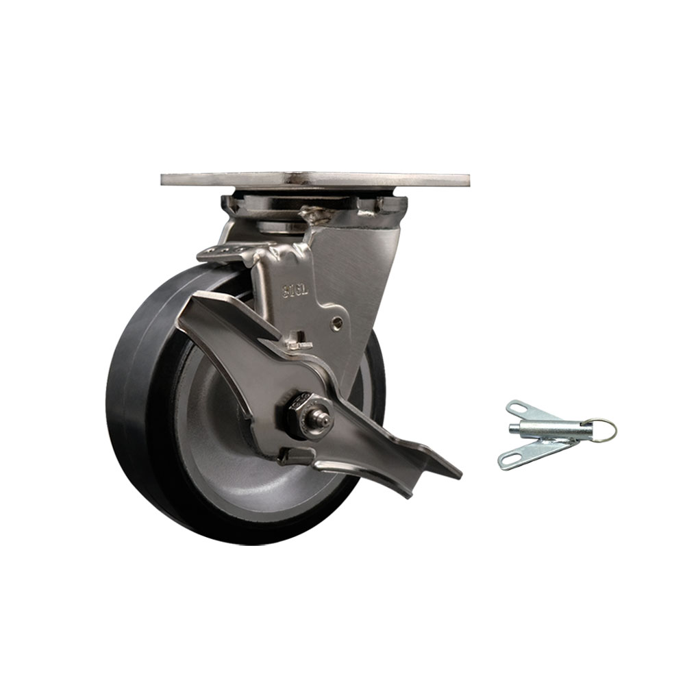 316 Stainless Steel Heavy Duty Swivel Top Plate Caster with Top Lock Brake and Bolt on Swivel Lock and 5 Inch Rubber on Aluminum Wheel - 500 lbs. Capacity/Caster - Service Caster Brand — photo 1