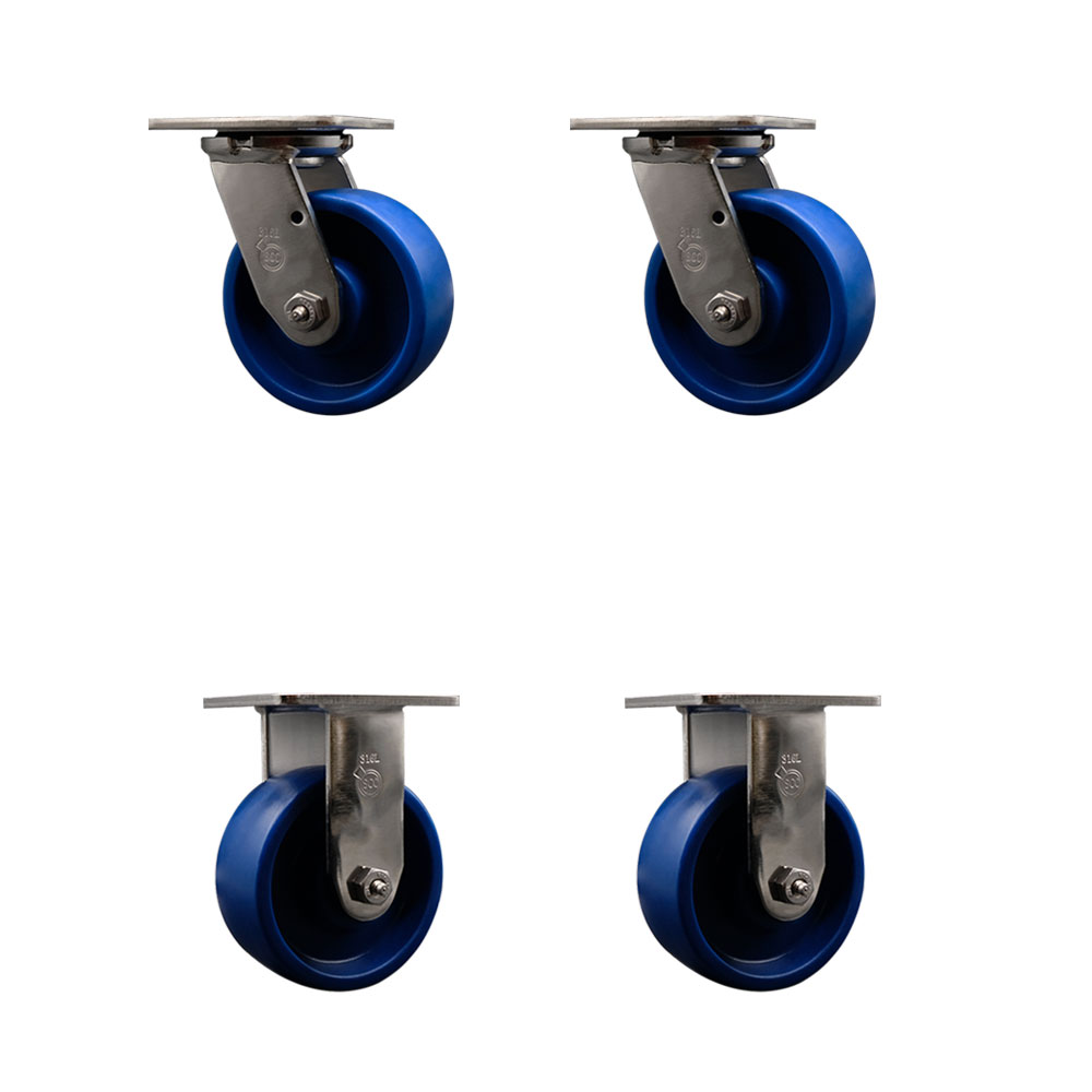 316 Stainless Steel Heavy Duty Swivel Caster Set of 4 with 5 Inch Solid Polyurethane Wheels and Ball Bearings - Includes 2 Swivel and 2 Rigid - 4,000 lbs. Total Capacity - Service Caster Brand — photo 1