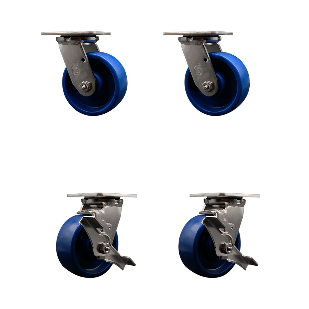 316 Stainless Steel Heavy Duty Swivel Caster Set of 4 with 5 Inch Solid Polyurethane Wheels and Ball Bearings -Includes 2 Swivel with Brakes and 2 Swivel-4,000 lbs. Total Capacity-Service Caster Brand — photo 1