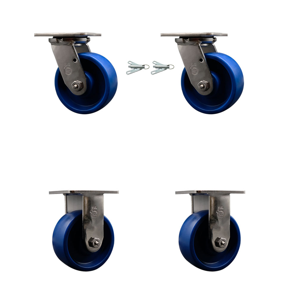 316 Stainless Steel Heavy Duty Swivel Caster Set of 4 with 5 Inch Solid Polyurethane Wheels - Includes 2 Swivel with Bolt on Swivel Locks and 2 Rigid - 4,000 lbs. Total Capacity - Service Caster Brand — photo 1