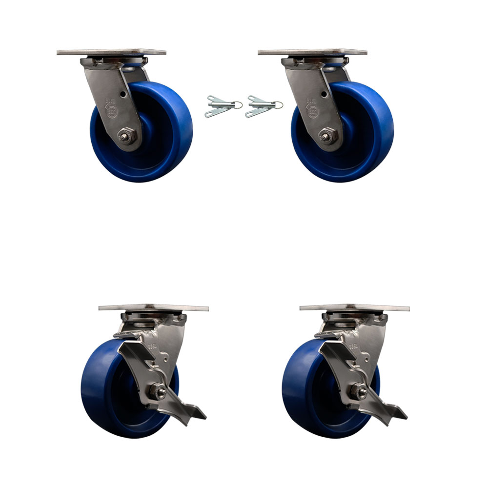 316 Stainless Steel Heavy Duty Swivel Caster Set with 5 Inch Solid Polyurethane Wheels-Includes 2 Swivel with Bolt on Swivel Lock and 2 Swivel with Brake-4,000 lbs. Total Capacity-Service Caster Brand — photo 1