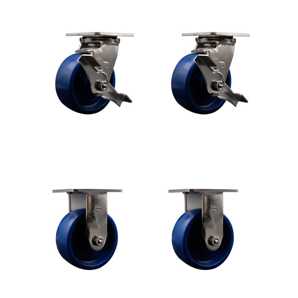 316 Stainless Steel Heavy Duty Swivel Caster Set of 4 with 5 Inch Solid Polyurethane Wheels - Includes 2 Swivel with Brakes and 2 Rigid - 4,000 lbs. Total Capacity - Service Caster Brand — photo 1