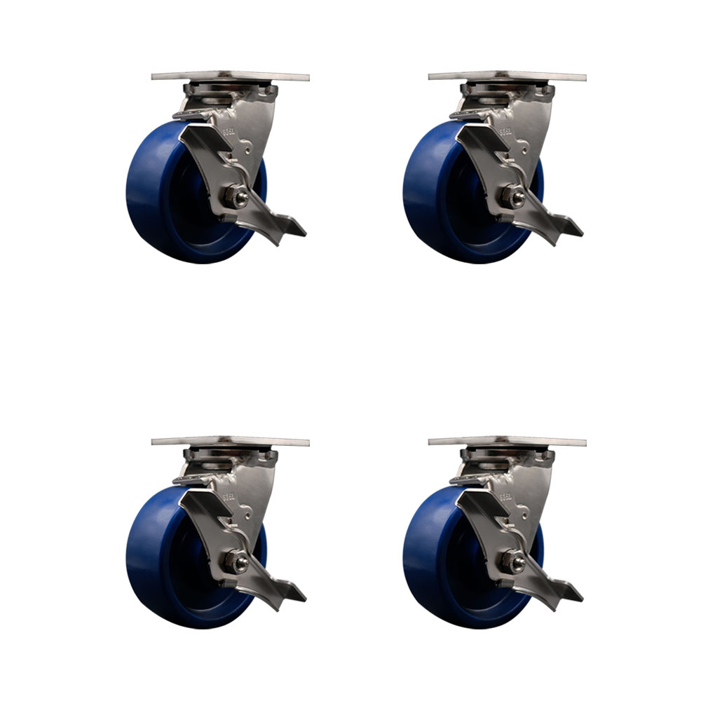 316 Stainless Steel Heavy Duty Swivel Caster Set of 4 with 5 Inch Solid Polyurethane Wheels - Includes 4 Swivel with Top Lock Brakes - 4,000 lbs. Total Capacity - Service Caster Brand — photo 1