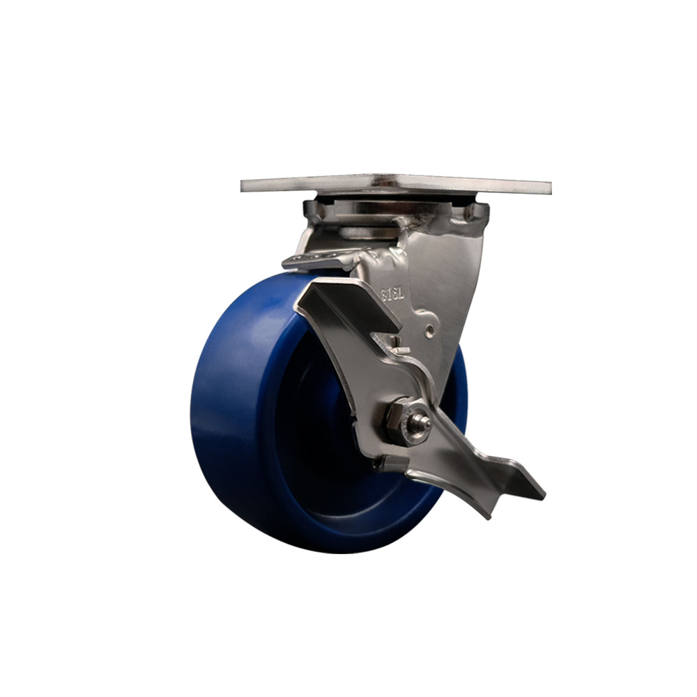 316 Stainless Steel Heavy Duty Swivel Top Plate Caster with Top Lock Brake and 5 Inch Solid Polyurethane Wheel with Delrin Bearings - 1,000 lbs. Capacity/Caster - Service Caster Brand — photo 1