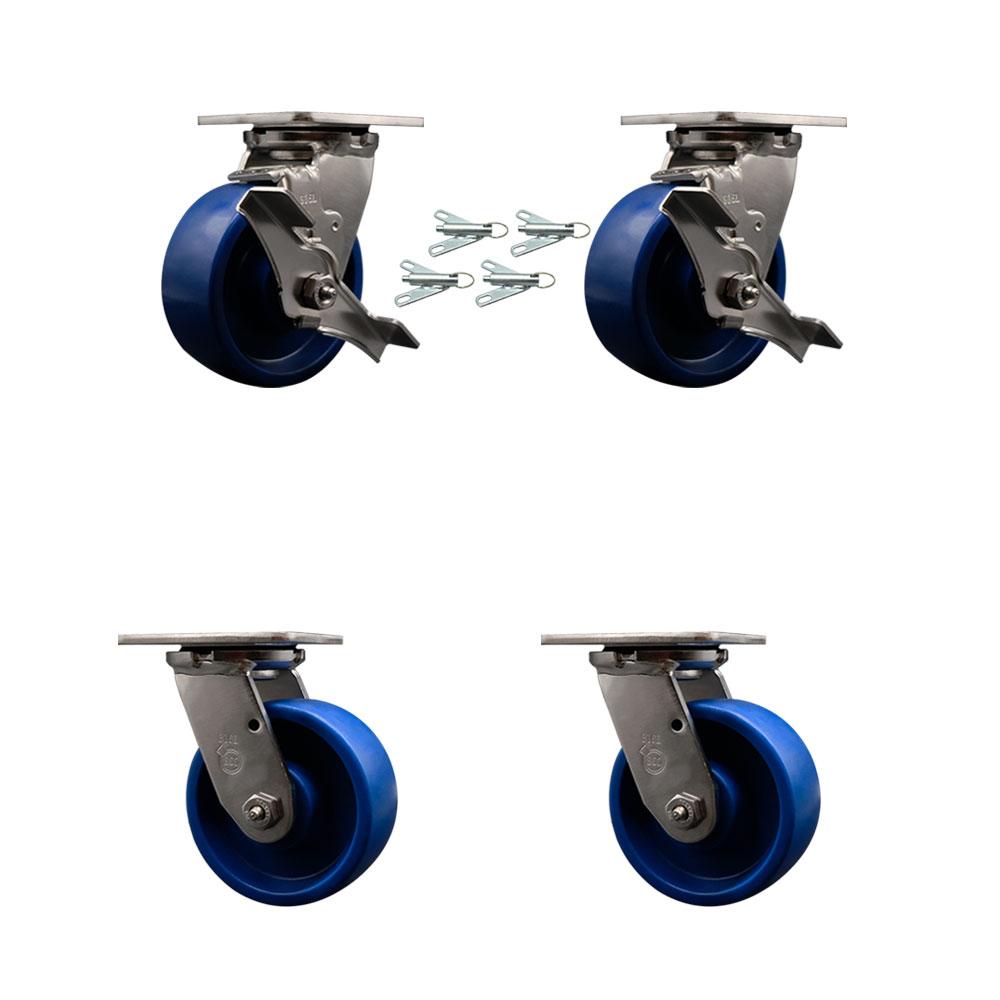 316 Stainless Heavy Duty Swivel Caster Set with 5 Inch Solid Polyurethane Wheels and Ball Bearings-Include 2 Swivel w/Brakes&Bolt on Swivel Lock and 2 Swivel w/Bolt on Swivel Lock-Service Caster Brand — photo 1
