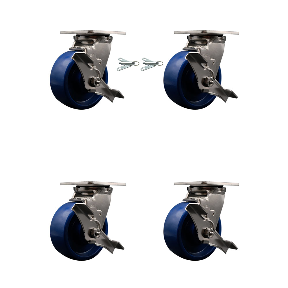 316 Stainless Steel Heavy Duty Swivel Caster Set with 5 Inch Solid Polyurethane Wheels - Includes 2 Swivel with Brakes and Bolt on Swivel Locks and 2 Swivel with Brakes - Service Caster Brand — photo 1