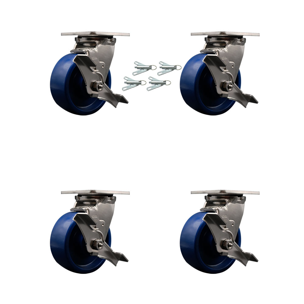 316 Stainless Steel Heavy Duty Swivel Caster Set of 4 with 5 Inch Solid Polyurethane Wheels and Delrin Bearings - Includes 4 Swivel with Top Lock Brakes and Bolt on Swivel Locks - Service Caster Brand — photo 1