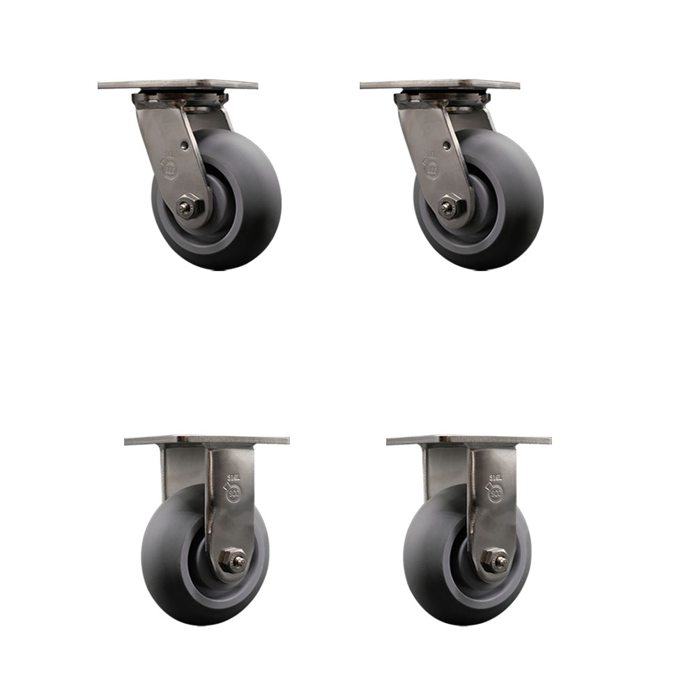 316 Stainless Steel Heavy Duty Swivel Caster Set of 4 with 5 Inch Thermoplastic Rubber Donut Tread Wheels and Ball Bearings-Includes 2 Swivel and 2 Rigid-1,400 lbs. Total Capacity-Service Caster Brand — photo 1
