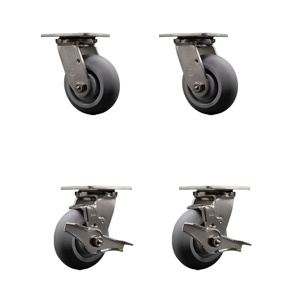 316 Stainless Steel Heavy Duty Swivel Caster Set of 4 with 5 Inch Thermoplastic Rubber Donut Tread Wheels - Includes 2 Swivel with Brakes and 2 Swivel - 1,400 lbs. Total Capacity- Service Caster Brand — photo 1