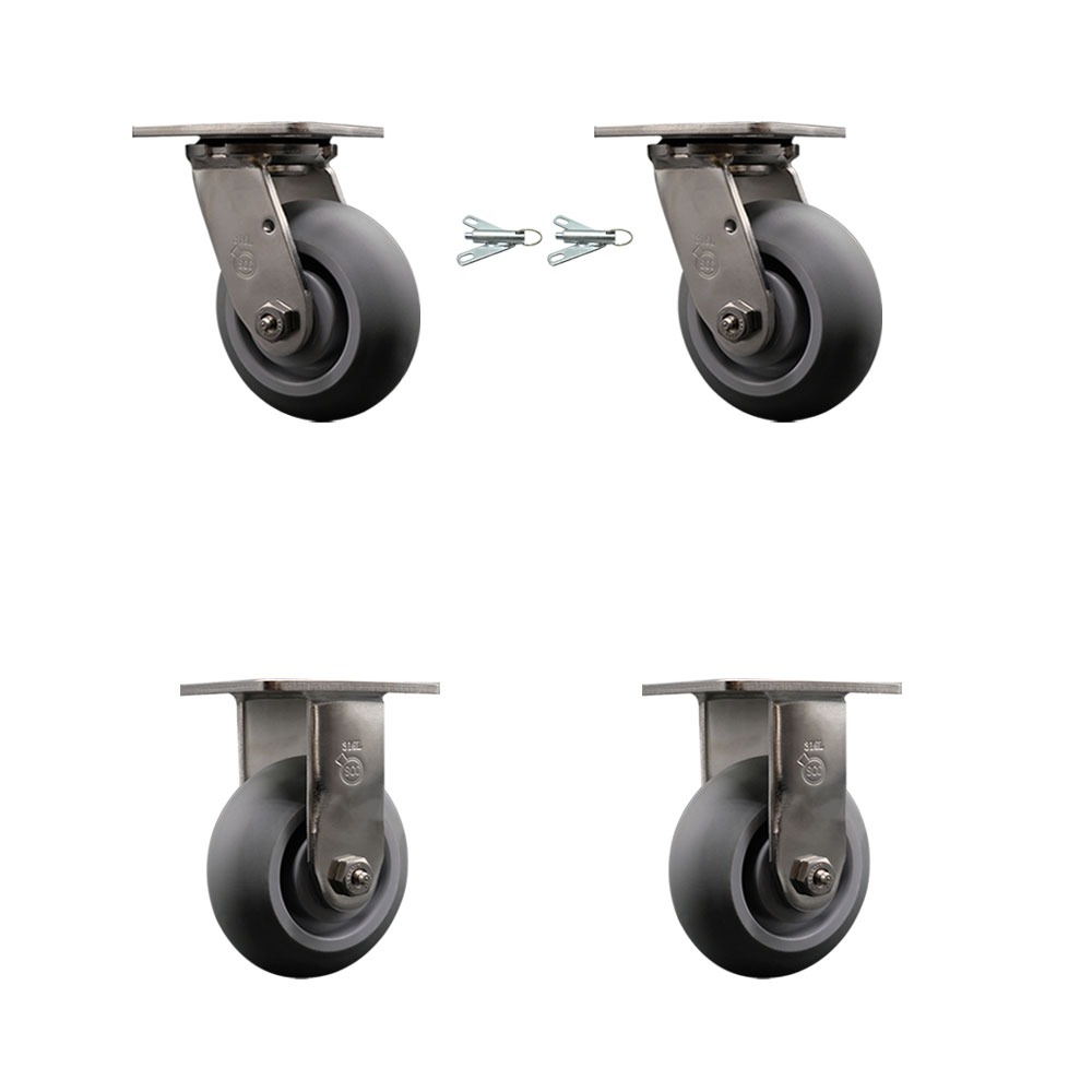 316 Stainless Steel Heavy Duty Swivel Caster Set of 4 with 5 Inch Thermoplastic Rubber Donut Tread Wheels - Includes 2 Swivel with Bolt on Swivel Locks and 2 Rigid - Service Caster Brand — photo 1