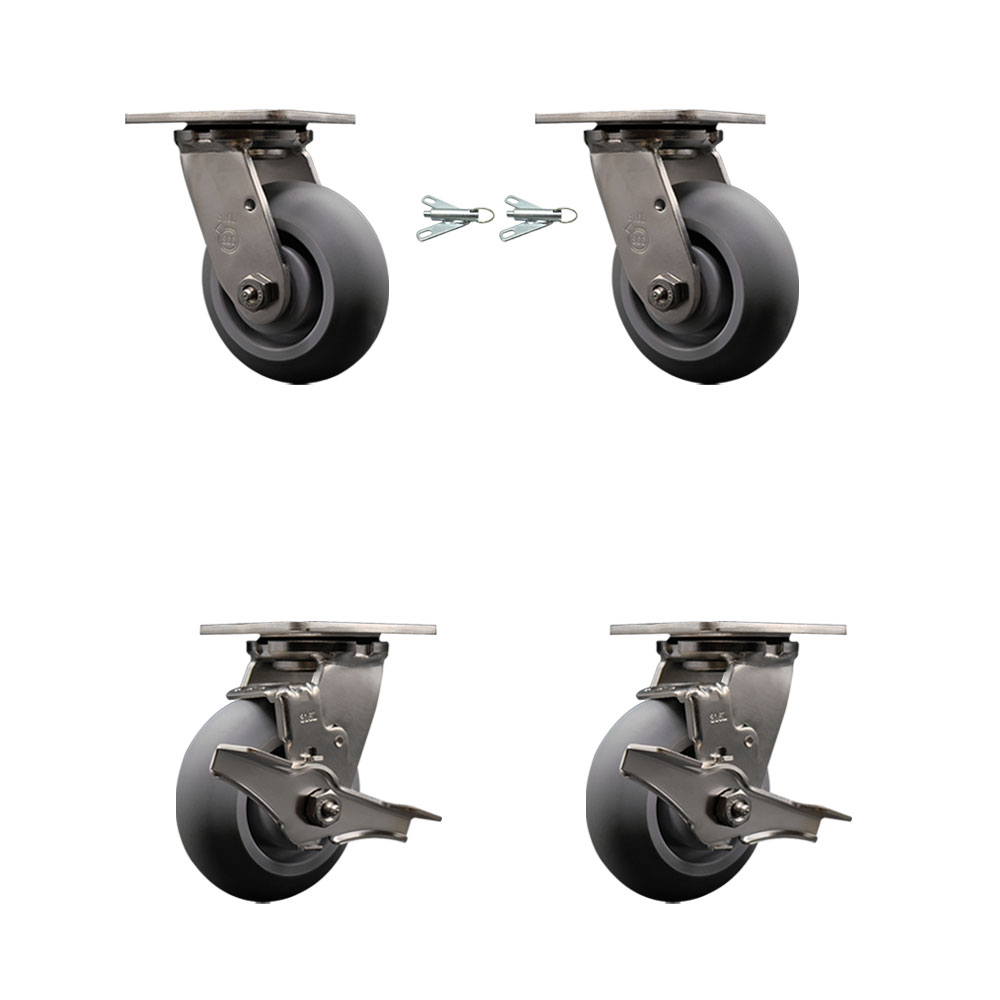 316 Stainless Steel Heavy Duty Swivel Caster Set with 5 Inch Thermoplastic Rubber Donut Tread Wheels and Delrin Bearing-Include 2 Swivel w/Bolt on Swivel Lock and 2 Swivel w/Brake-Service Caster Brand — photo 1