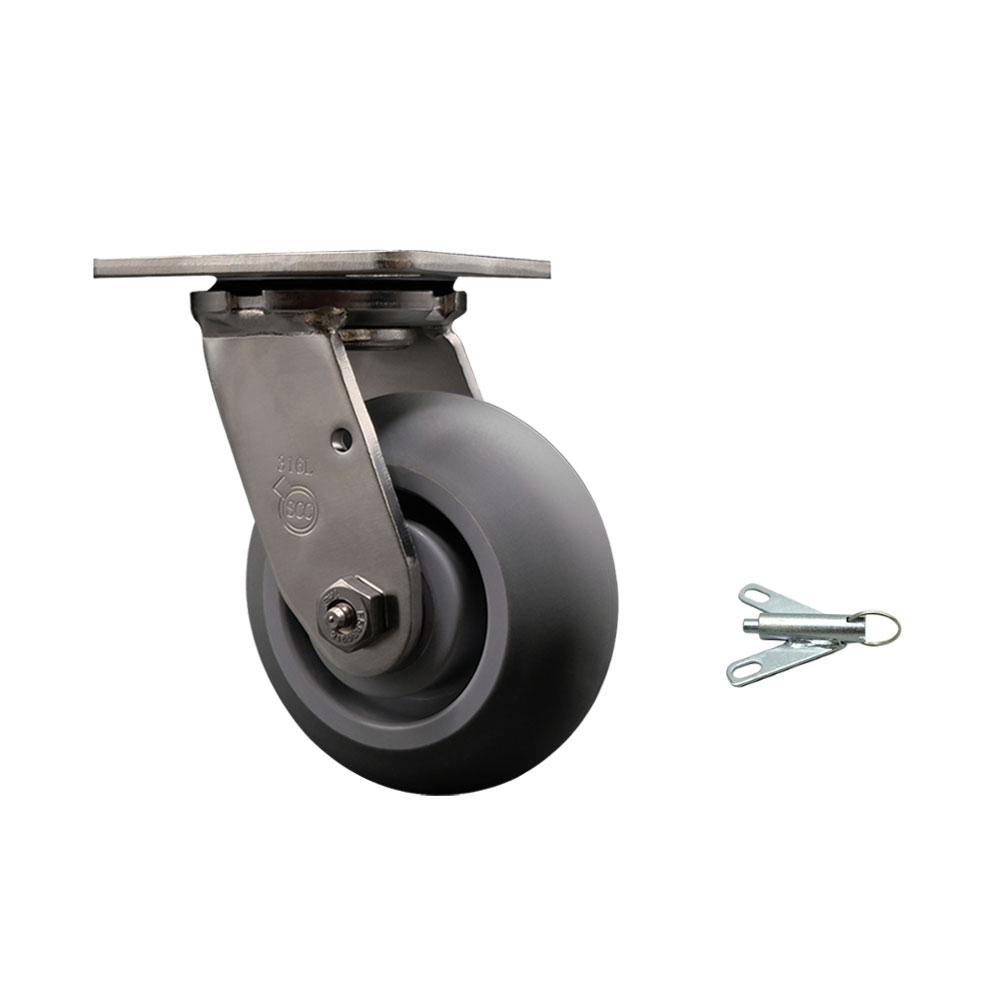 316 Stainless Steel Heavy Duty Swivel Top Plate Caster with Bolt on Swivel Lock and 5 Inch Thermoplastic Rubber Donut Tread Wheel with Delrin Bearings - 350 lbs. Capacity/Caster - Service Caster Brand — photo 1