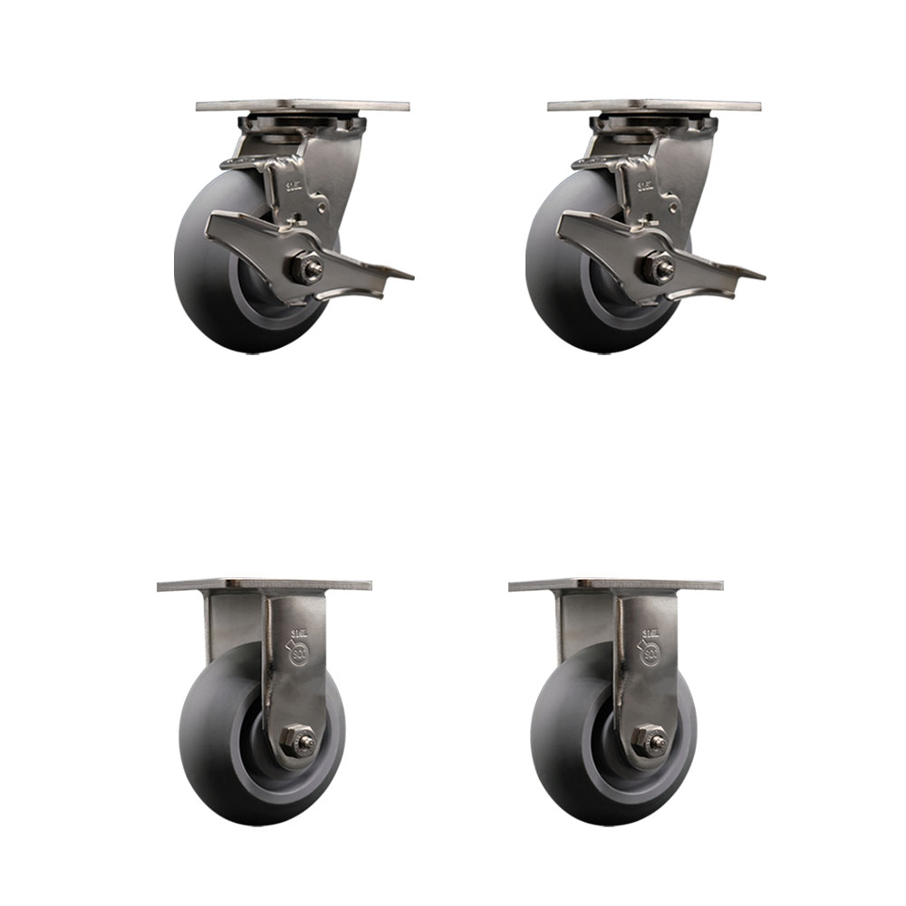 316 Stainless Steel Heavy Duty Swivel Caster Set of 4 with 5 Inch Thermoplastic Rubber Donut Tread Wheels - Includes 2 Swivel with Brakes and 2 Rigid - 1,400 lbs. Total Capacity - Service Caster Brand — photo 1