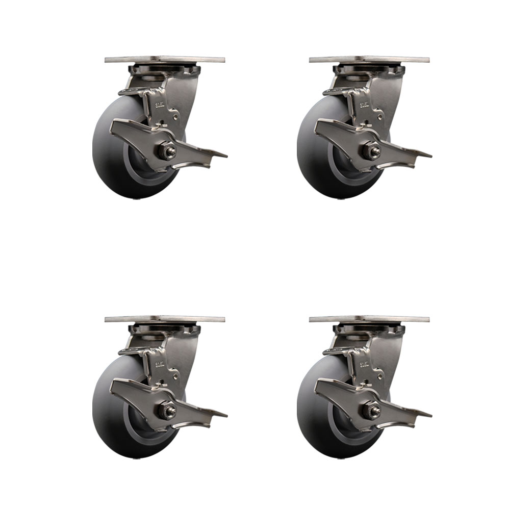 316 Stainless Steel Heavy Duty Swivel Caster Set of 4 with 5 Inch Thermoplastic Rubber Donut Tread Wheels - Includes 4 Swivel with Top Lock Brakes - 1,400 lbs. Total Capacity - Service Caster Brand — photo 1