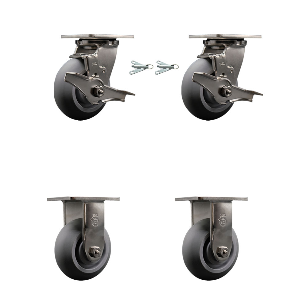 316 Stainless Steel Heavy Duty Swivel Caster Set with 5 Inch Thermoplastic Rubber Donut Tread Wheels and Delrin Bearings-Includes 2 Swivel w/Brake& Bolt on Swivel Lock and 2 Rigid-Service Caster Brand — photo 1