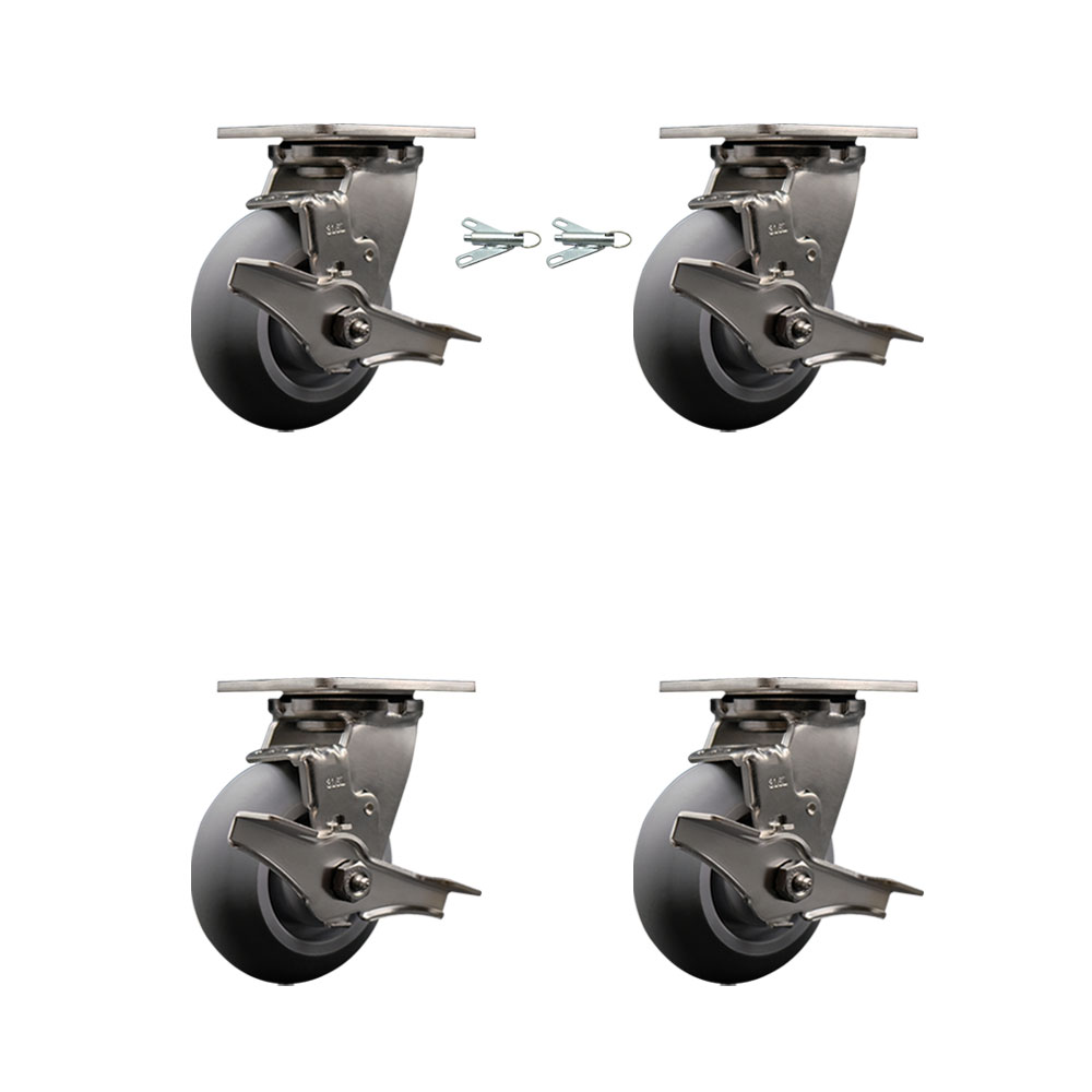 316 Stainless Steel Heavy Duty Swivel Caster Set with 5 Inch Thermoplastic Rubber Donut Tread Wheels and Ball Bearing-Include 2 Swivel w/Brake and Swivel Lock and 2 Swivel w/Brake-Service Caster Brand — photo 1