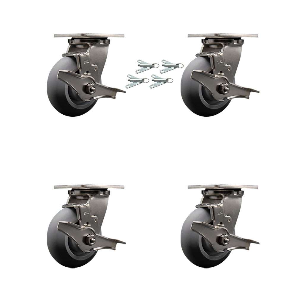 316 Stainless Steel Heavy Duty Swivel Caster Set of 4 with 5 Inch Thermoplastic Rubber Donut Tread Wheels and Delrin Bearings - Includes 4 Swivel w/Brakes and Bolt on Swivel Locks-Service Caster Brand — photo 1