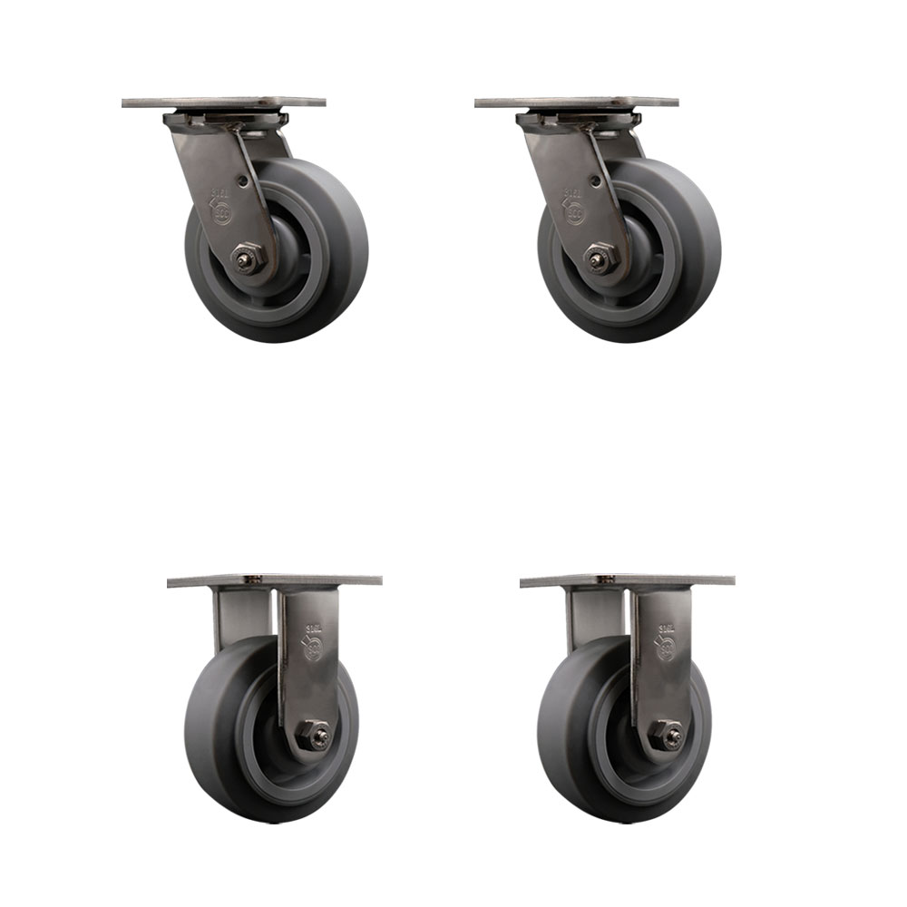 316 Stainless Steel Heavy Duty Swivel Caster Set of 4 with 5 Inch Thermoplastic Rubber Flat Tread Wheel - Includes 2 Swivel and 2 Rigid - 1,400 lbs. Total Capacity - Service Caster Brand — photo 1