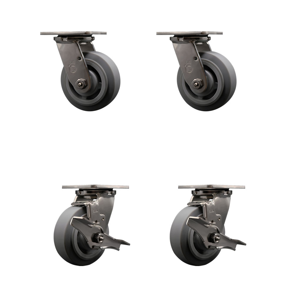 316 Stainless Steel Heavy Duty Swivel Caster Set of 4 with 5 Inch Thermoplastic Rubber Flat Tread Wheels and Delrin Bearings - Includes 2 Swivel with Brakes and 2 Swivel - Service Caster Brand — photo 1