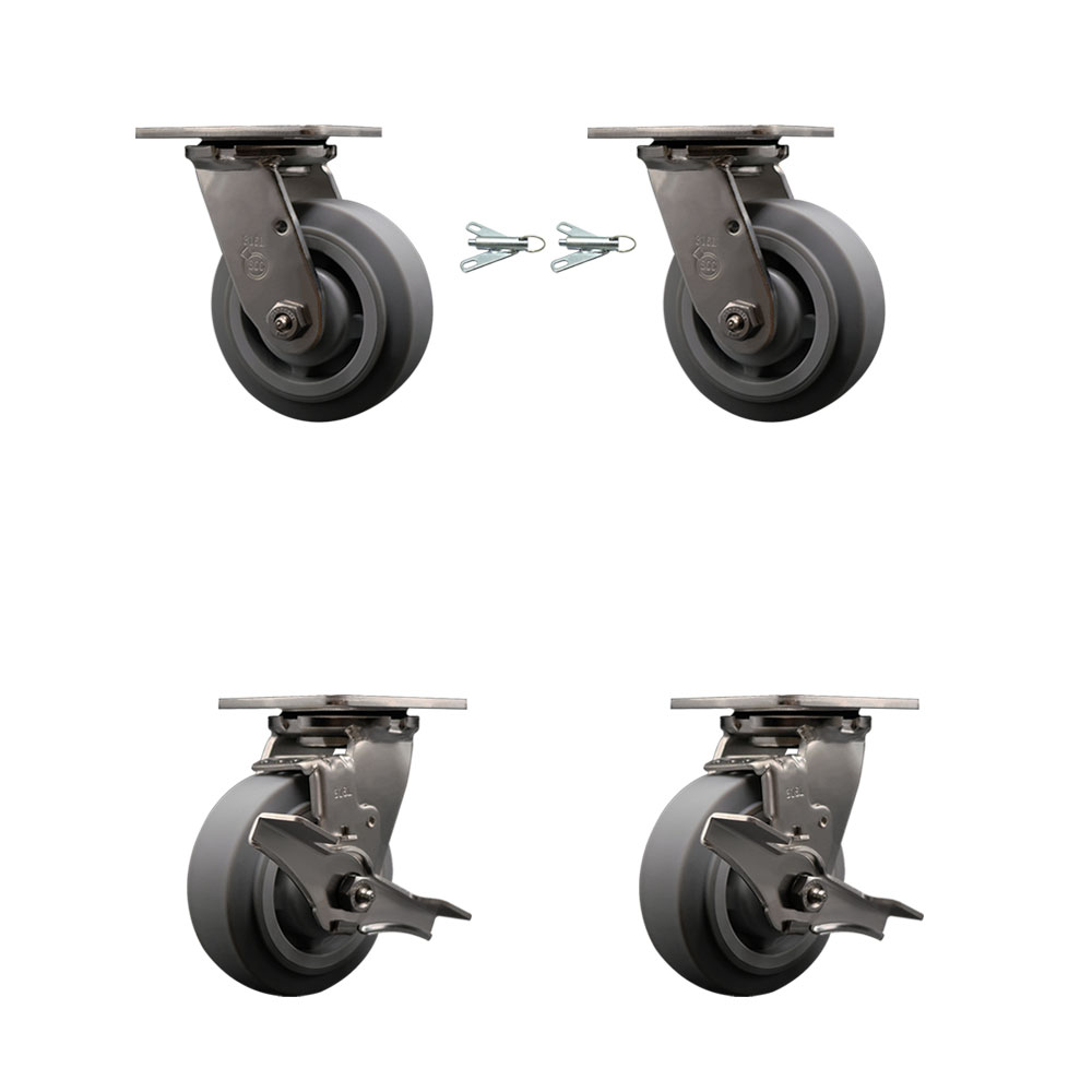 316 Stainless Steel Heavy Duty Swivel Caster Set with 5 Inch Thermoplastic Rubber Flat Tread Wheels - Includes 2 Swivel with Bolt on Swivel Locks and 2 Swivel with Brakes - Service Caster Brand — photo 1