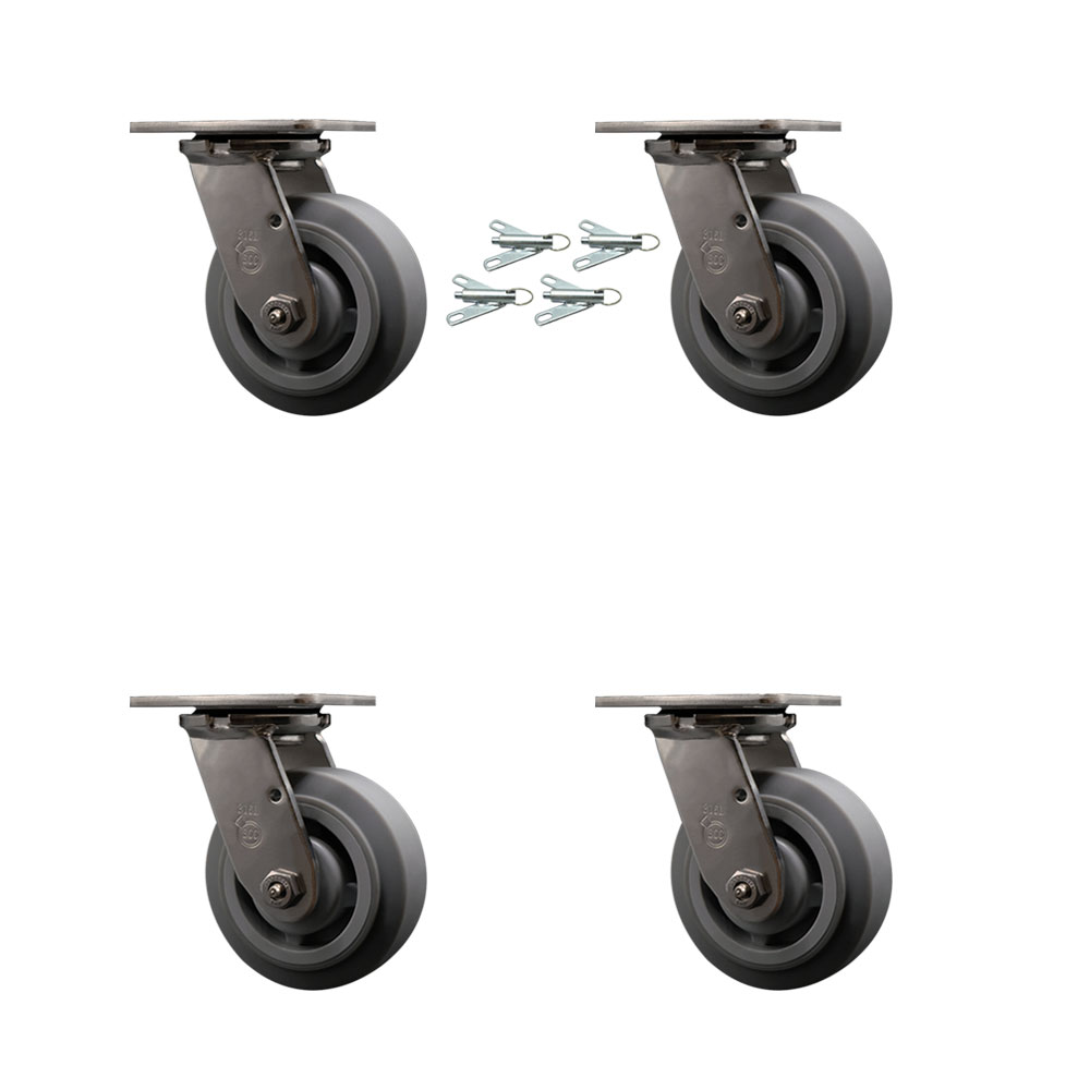 316 Stainless Steel Heavy Duty Swivel Caster Set of 4 with 5 Inch Thermoplastic Rubber Flat Tread Wheels and Ball Bearings - Includes 4 Swivel with Bolt on Swivel Locks - Service Caster Brand — photo 1