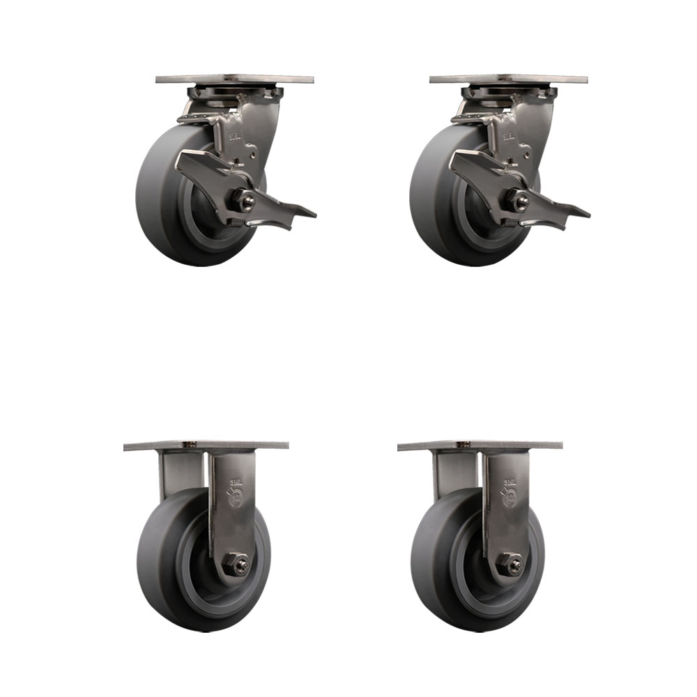316 Stainless Steel Heavy Duty Swivel Caster Set of 4 with 5 Inch Thermoplastic Rubber Flat Tread Wheels - Includes 2 Swivel with Brakes and 2 Rigid - 1,400 lbs. Total Capacity - Service Caster Brand — photo 1